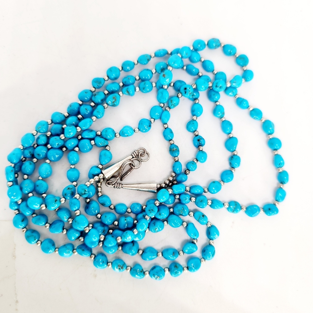 Sleeping Beauty Turquoise 925 Sterling Silver Nugget Bead Necklace & Earring Set - Picture 8 of 13